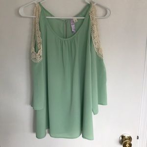 Mint green cold shoulder blouse.